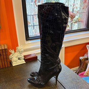 Giuseppe Zanotti Glossy Black Croc Heeled Boots-New- Never Worn